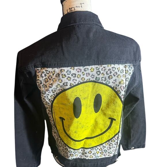 Women's Black Denim Jacket with Smiley Face - Picture 1 of 8